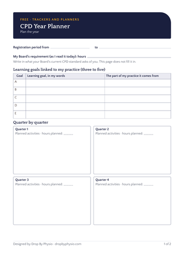 Page 1 of the planner: registration period, requirement, learning goals and a quarter-by-quarter plan