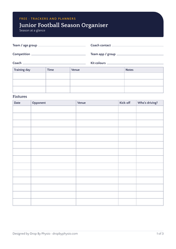 Page 1 of the organiser: season at a glance and a fixtures table